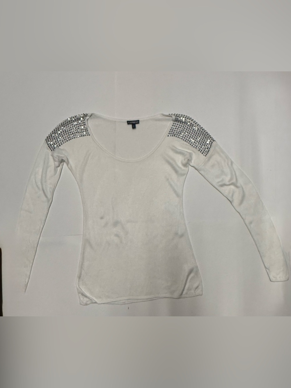 Express White Long-Sleeve Scoop Neck Top with Studded Shoulders